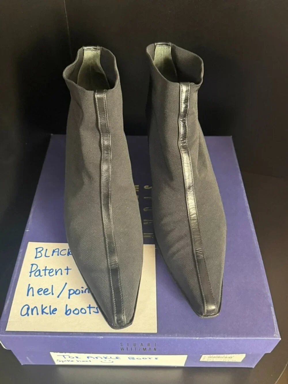 Stuart Weitzman Black Stretch Pointed Toe Ankle Boots | Size 10 | Original Box
